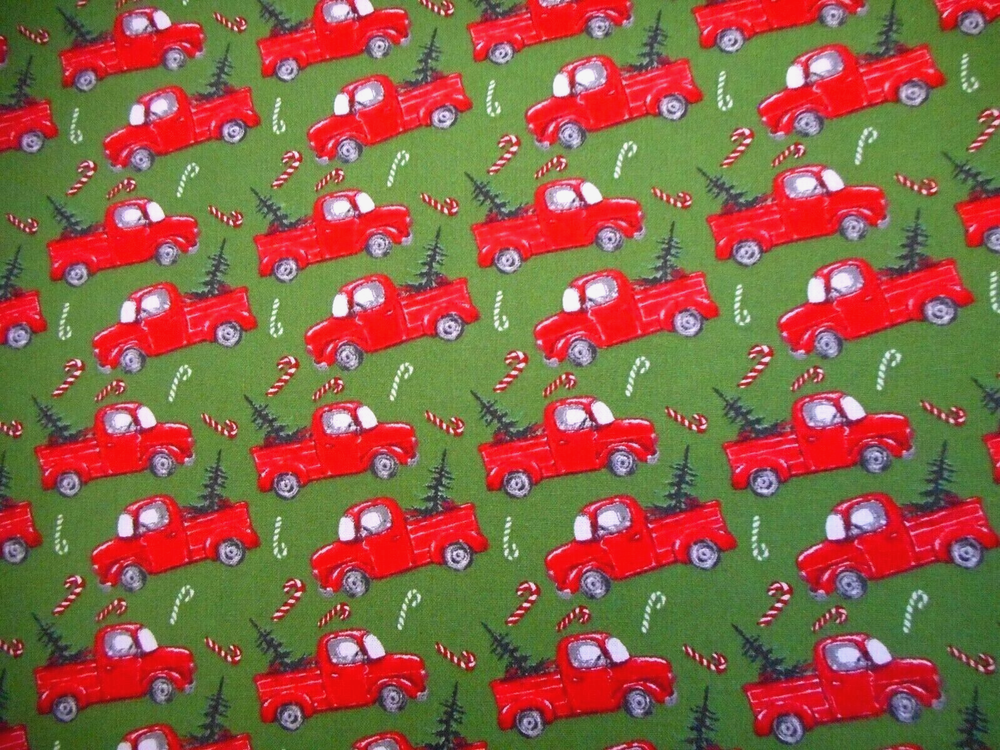 Christmas Quilt Fabric By Yard Vtg Red Trucks Candy Canes on Green Cotton #50 #C
