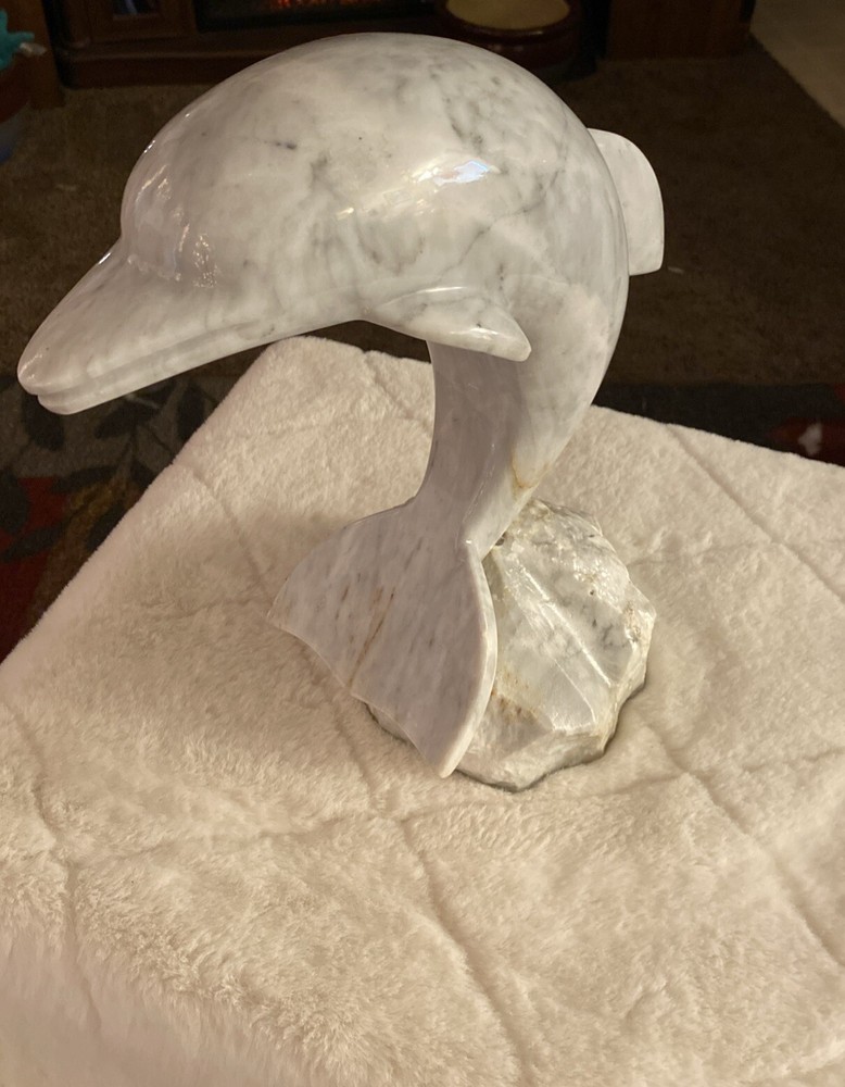 Dolphin Scupture Solid Marble,On Solid Marble Stand 13.5 Inches Tall Wt. 25.1lbs