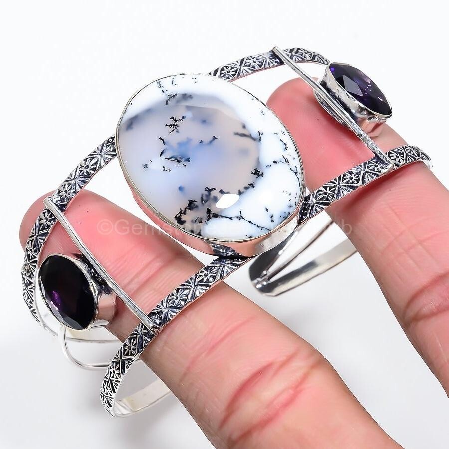 Christmas Sale Sterling Silver Dendrite Opal Gemstone Amethyst Boho Bangle Cuff-image