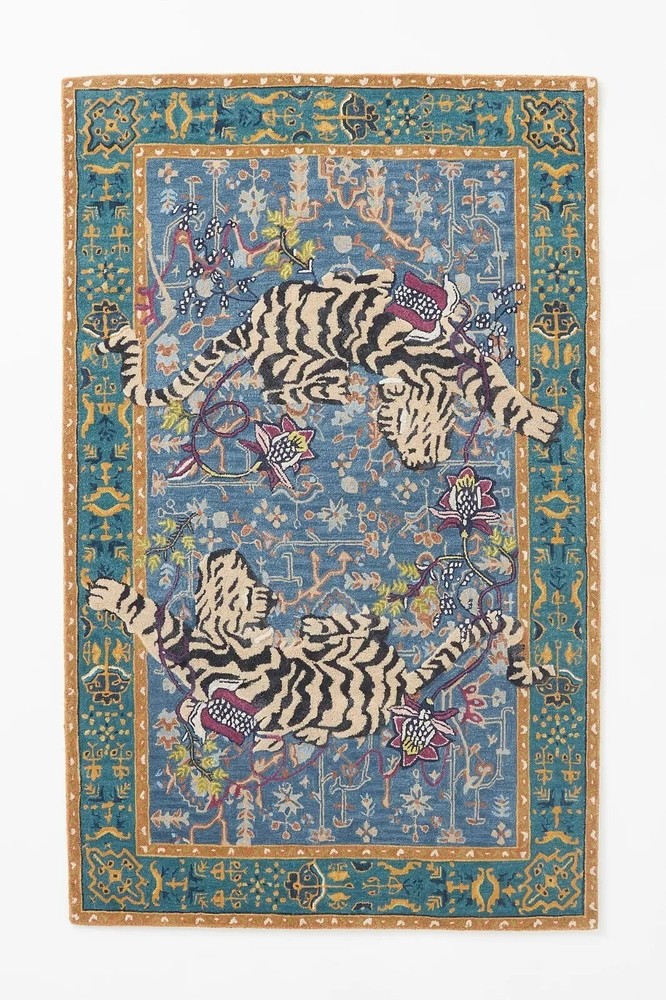 Handmade Wool Tufted Rug Agnes Design Blue Oriental Tiger Pattern Decor