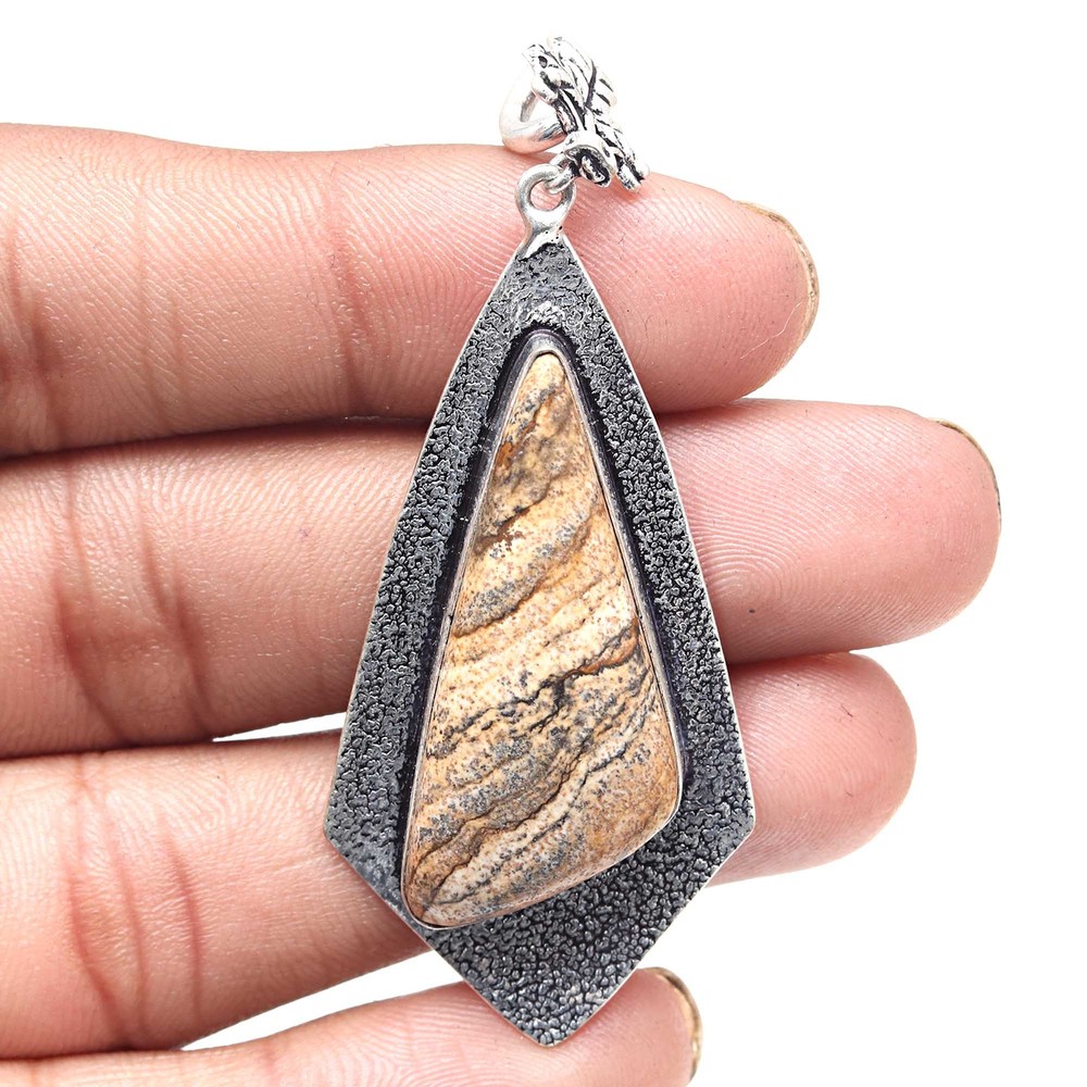 Handmade Silver Picture Jasper Pendant Jewelry Gift For Her 2.75 Inch