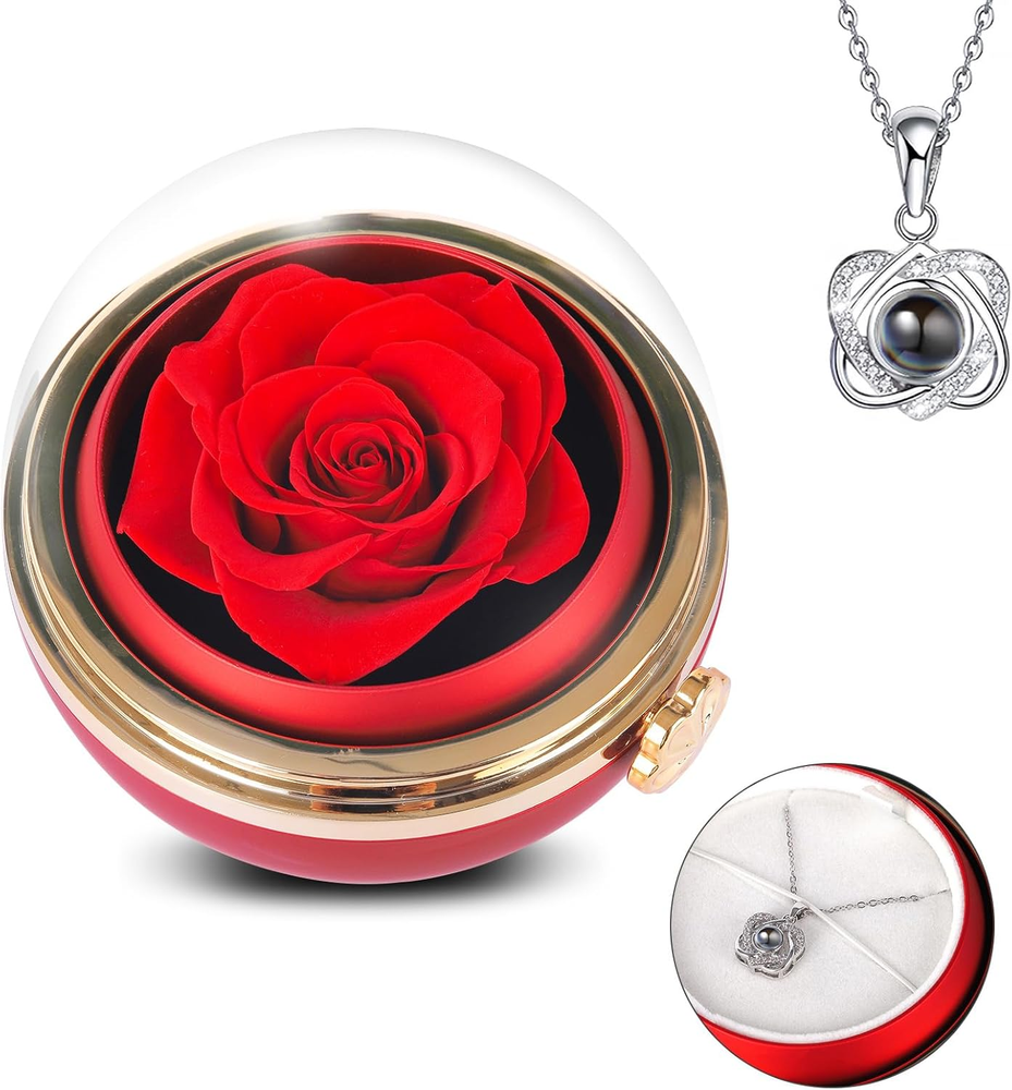 Preserved Real Rose with Heart Necklace , Eternal Flowers Gifts for Women, I Lov