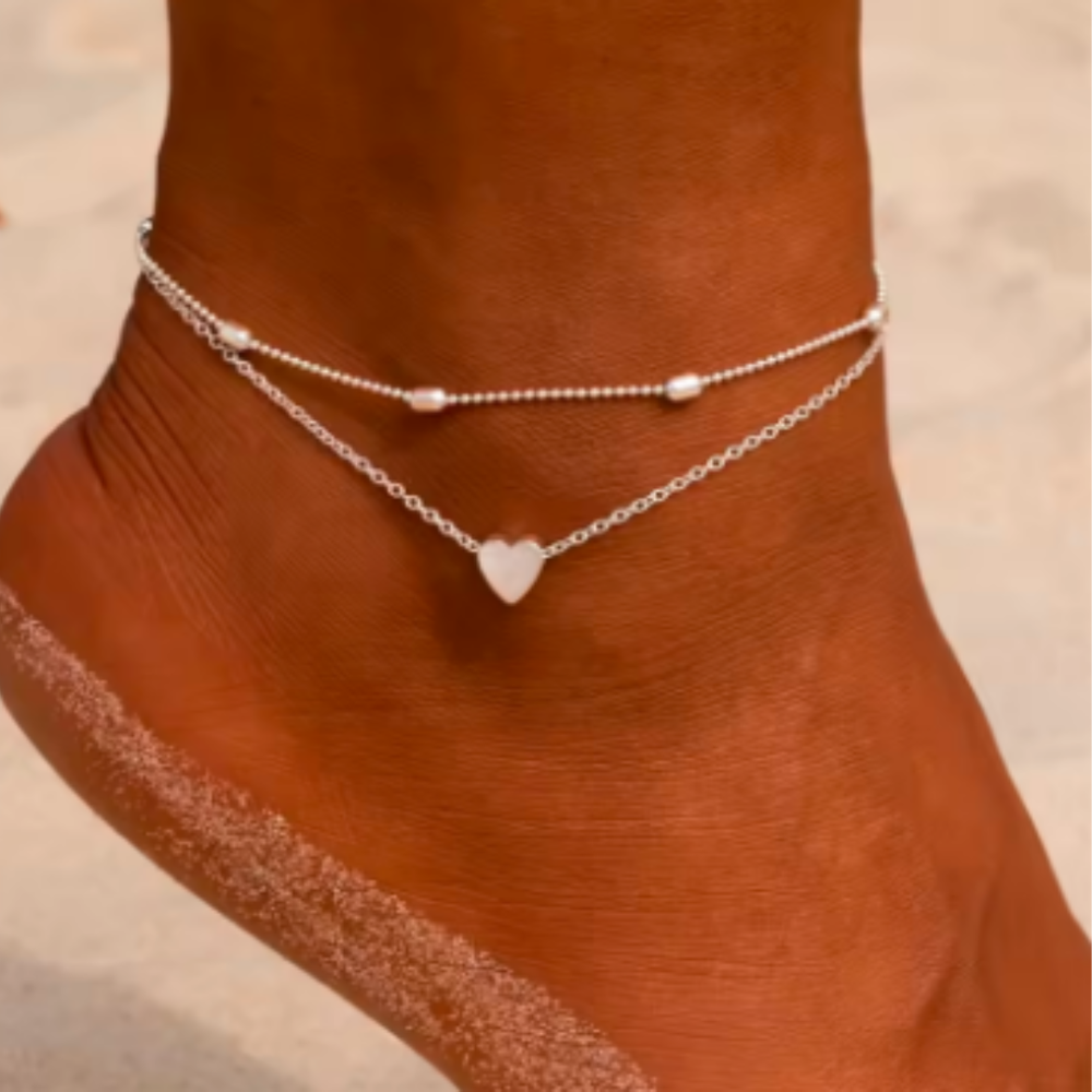 Double Layer Silver Heart Anklet with Pearl Beads for Women-image
