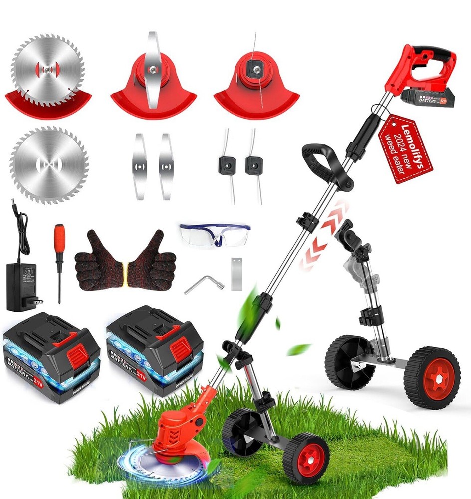 Electric Weed Wacker with Wheels, 2000mAh 21V Battery Operated Weed Eater Cor...