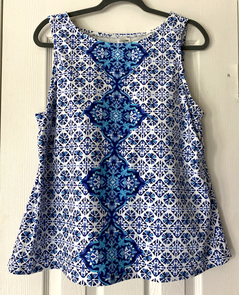 WOMENS LANDS END HIGH NECK MODEST TANKINI SWIMSUIT TOP BLUE WHITE MOROCCAN 18W