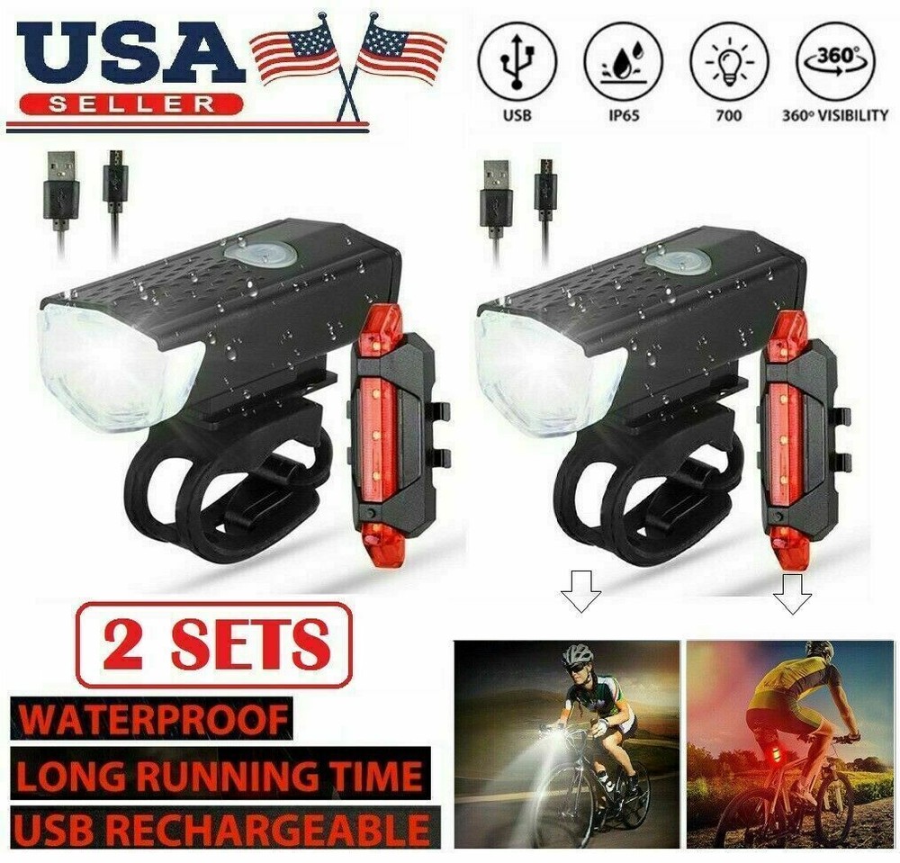 2 Sets USB Rechargeable LED Bicycle Headlight Bike Front Rear Lamp Cycling US
