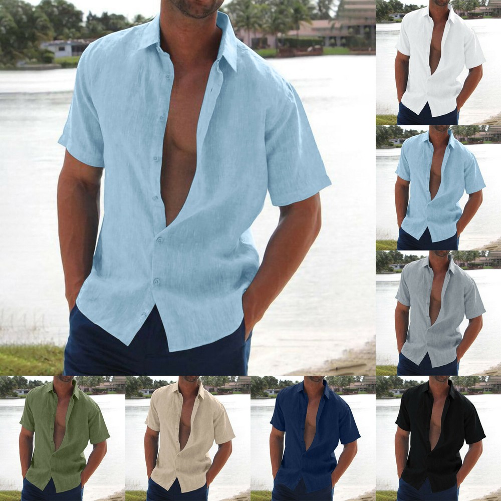 Men's Casual Button Down Shirts Short Sleeve Beach Linen Cotton Summer Shirt US