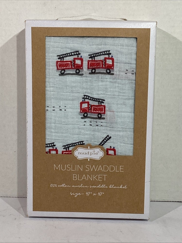 Mudpie 47x47 Blue Fire Truck Cotton Muslin Swaddle Blanket HGT1-111