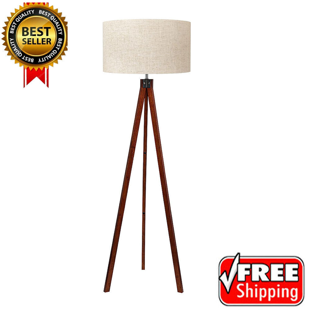 Modern Wood Tripod Floor Lamp with Foot Switch for Office or Study