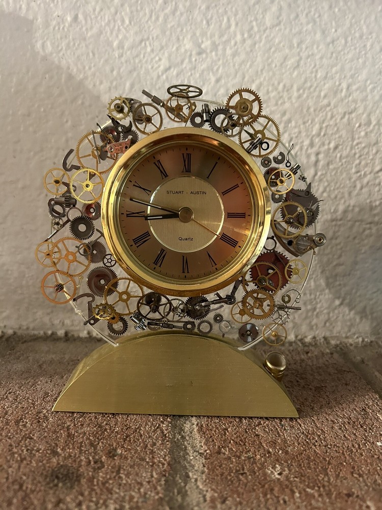 Gears Over Plastic Base Is Bronze Mantel Clock 4x4” Made In China