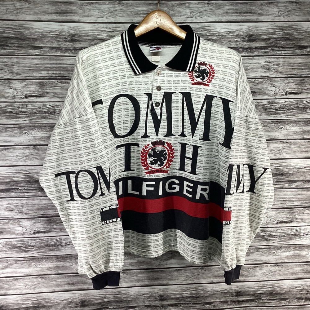 Vintage Tommy Hilfiger Rugby Shirt Mens 2XL Multicolor Big Logo AOP Rare 90s