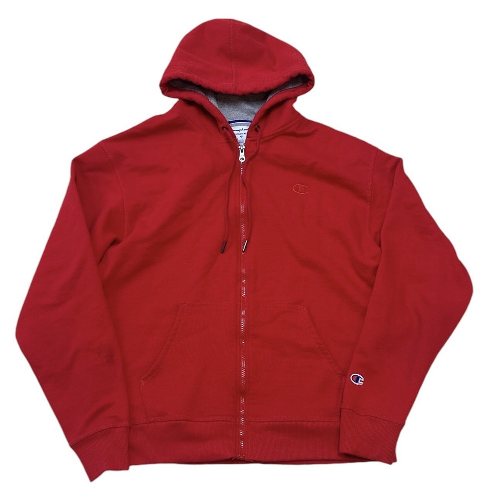 Champion Fleece Hoodie Men’s L Red Blue Full Zip Classic Logo Outdoor Sweater