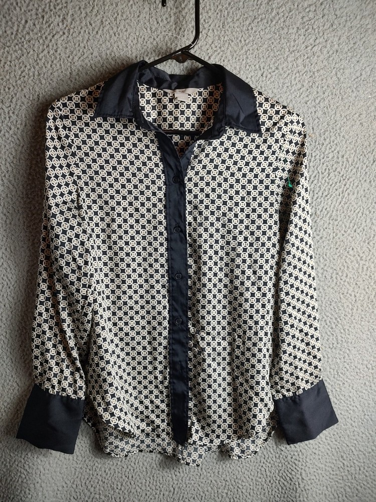H&M Women's Long Sleeve Button-Up Blouse in Black White Beige XS Polyester