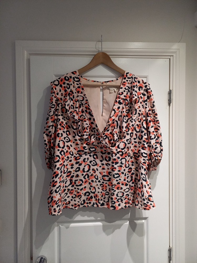 Ted Baker Coralo Animal Abstract Print Ruffle Top Blouse Size 5, UK 16 Excellent