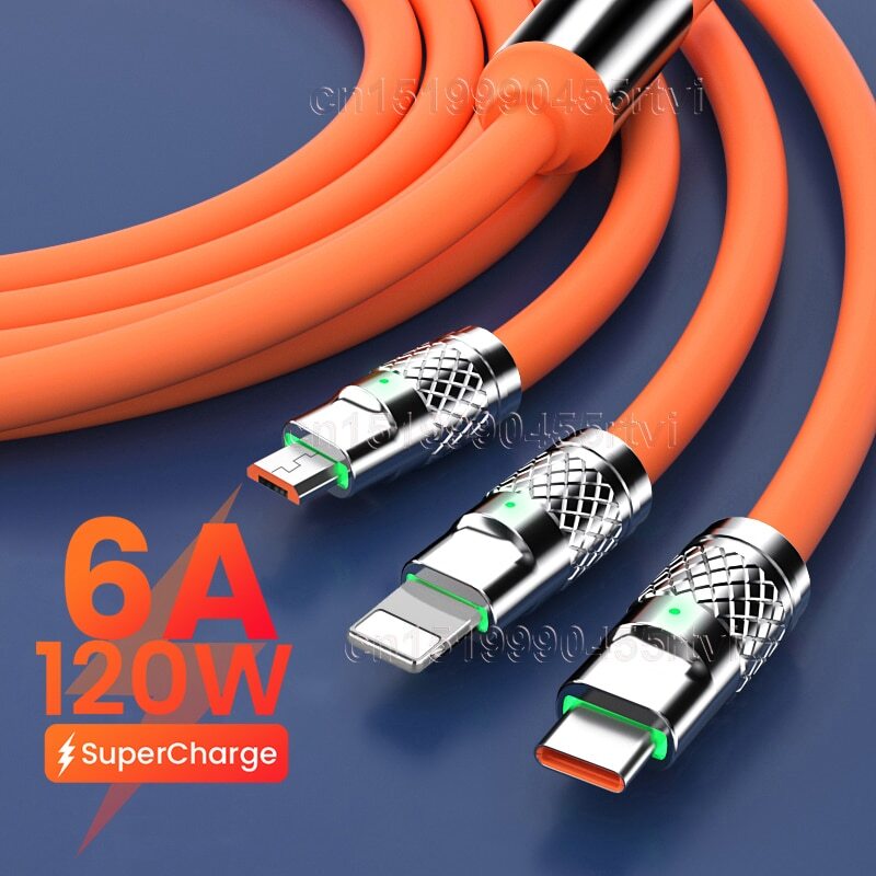 6A 120W Fast Charger Cable USB Type-C 3in1 2in1 8-Pin