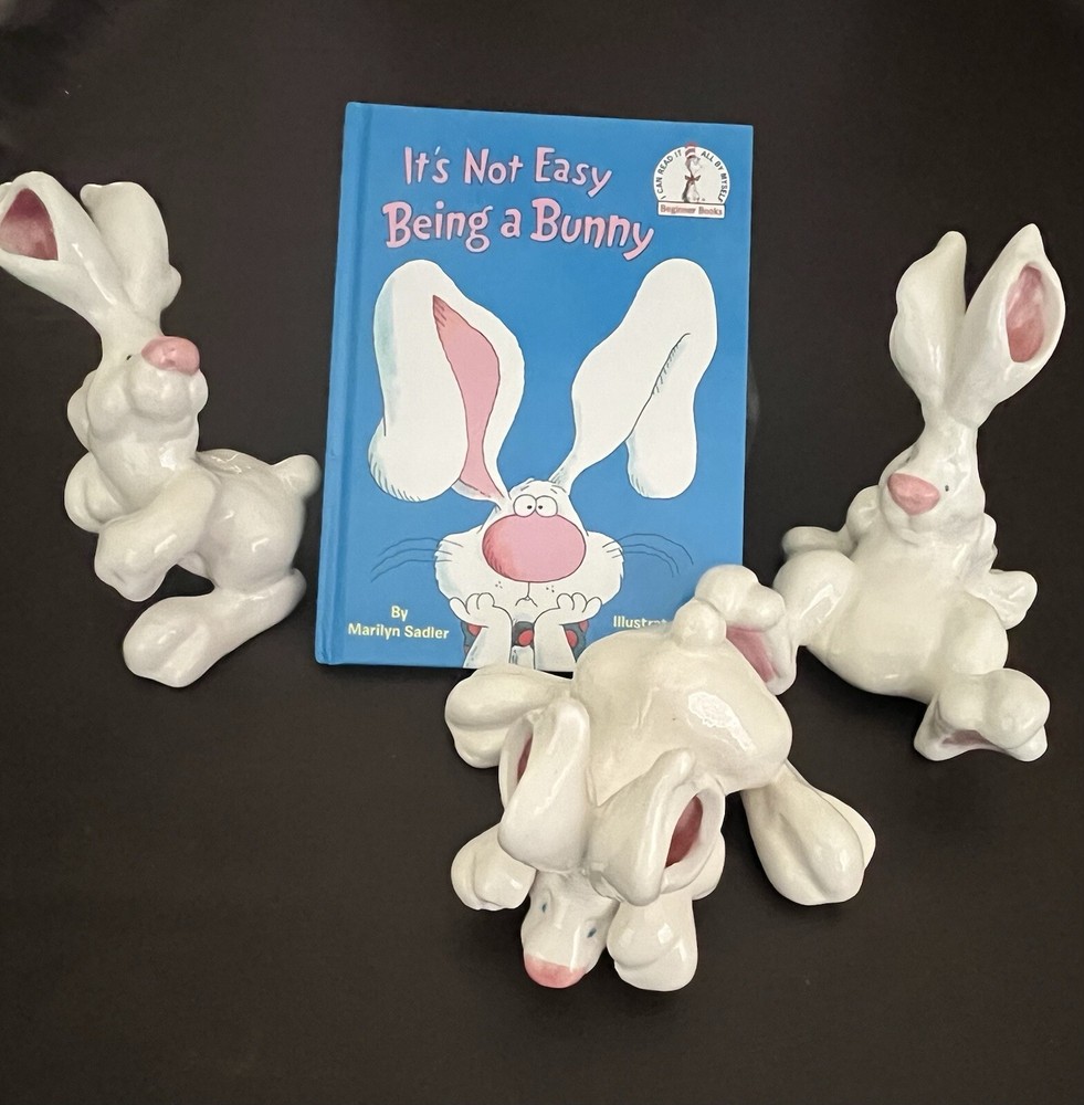 Set Of 3 WCL  Michael Ezzell Style Art Funny Bunny Ceramic Figurines With Book.