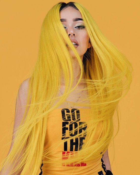 Ombre Yellow Long Straight Synthetic Lace Front Wig with Dark Roots