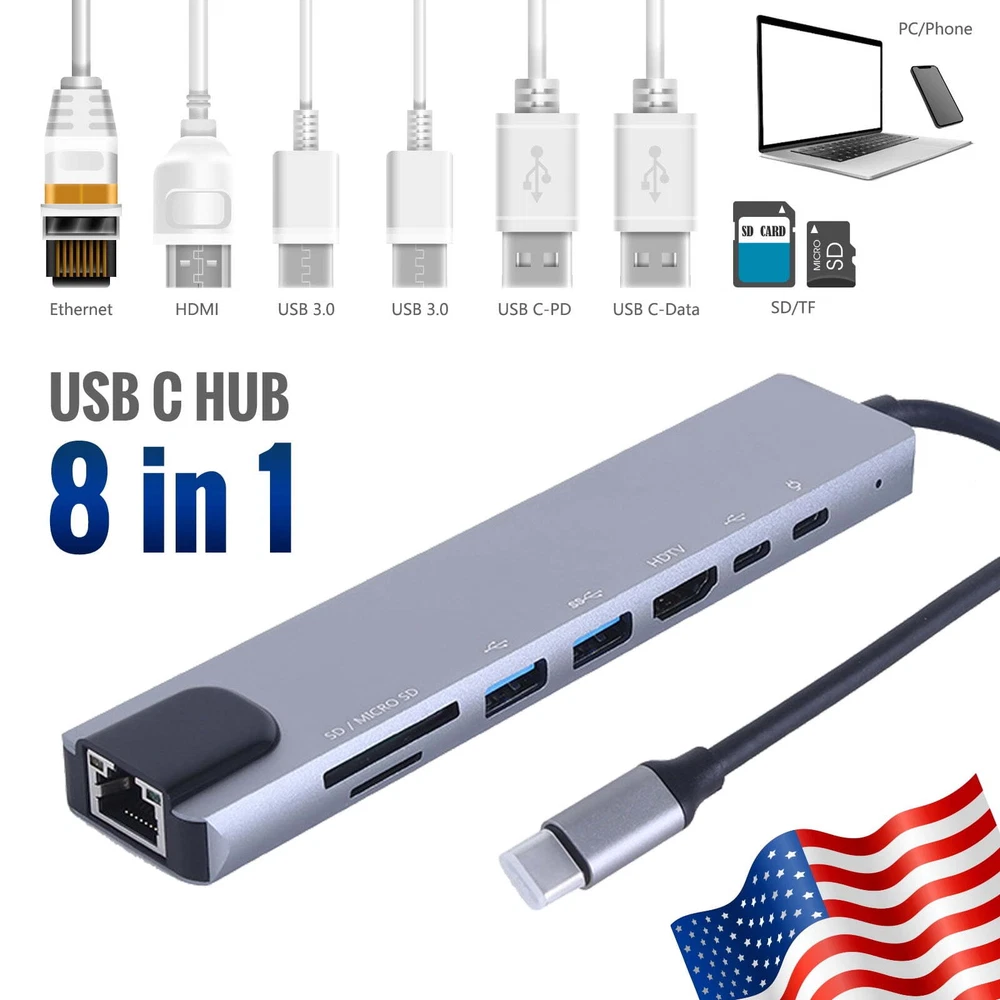 8 in 1 Multiport USB-C Hub Type C To USB 3.0 4K Adapter For Macbook Pro/Air US