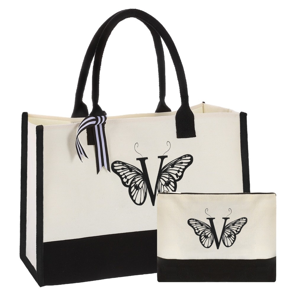 Initial V Canvas Tote Bag with Makeup Bag, Reusable Beach Tote Bag