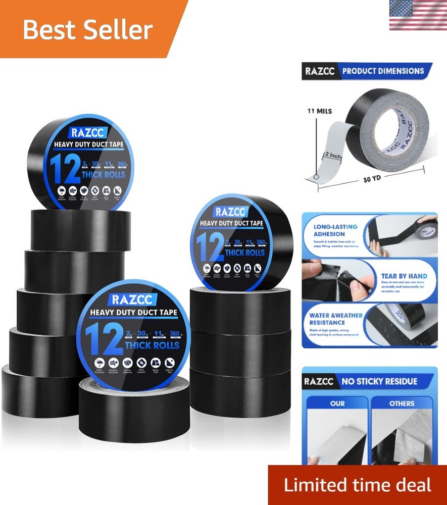 12 Rolls Heavy Duty Black Duct Tape - Waterproof & No Residue, Crafts & Repairs