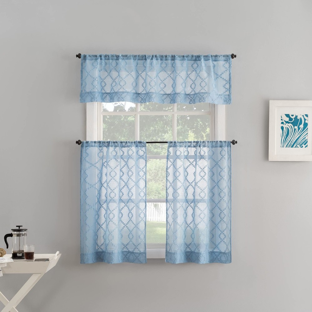 Tina Geometric Semi-Sheer Kitchen Curtain Valance and Tier Set with Rod Pocket