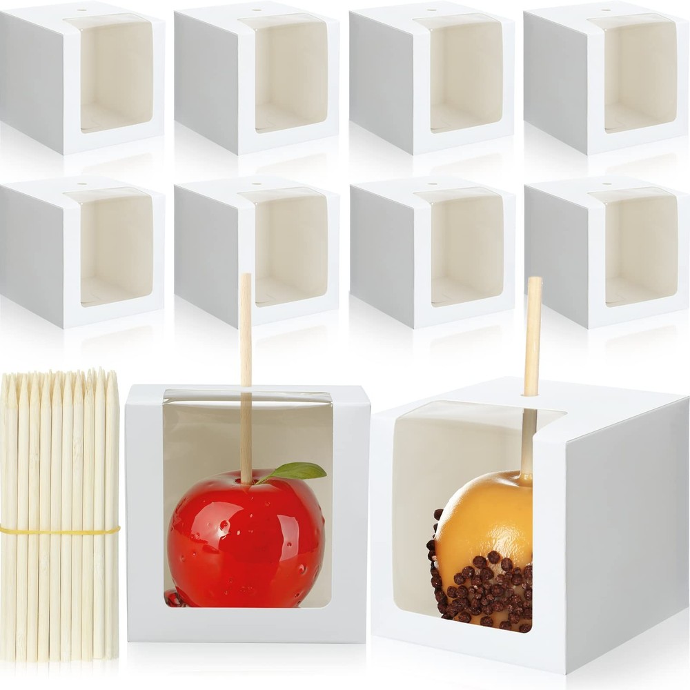 60 Kraft Candy Apple Boxes 4x4x4 with Hole & Stick for Candied Apples