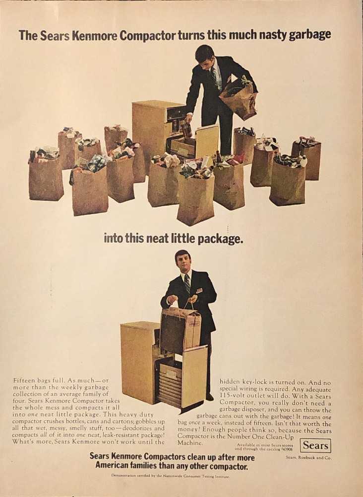 1974 Sears Kenmore Trash Compactor PRINT AD 15 Bags - 1 Neat Package VTG 1970s