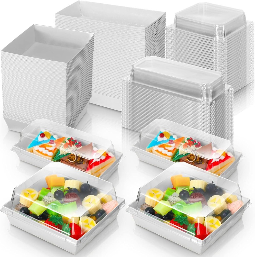 100 Pack 2 Size Paper Charcuterie Box with Clear Safety Lid 5'' White