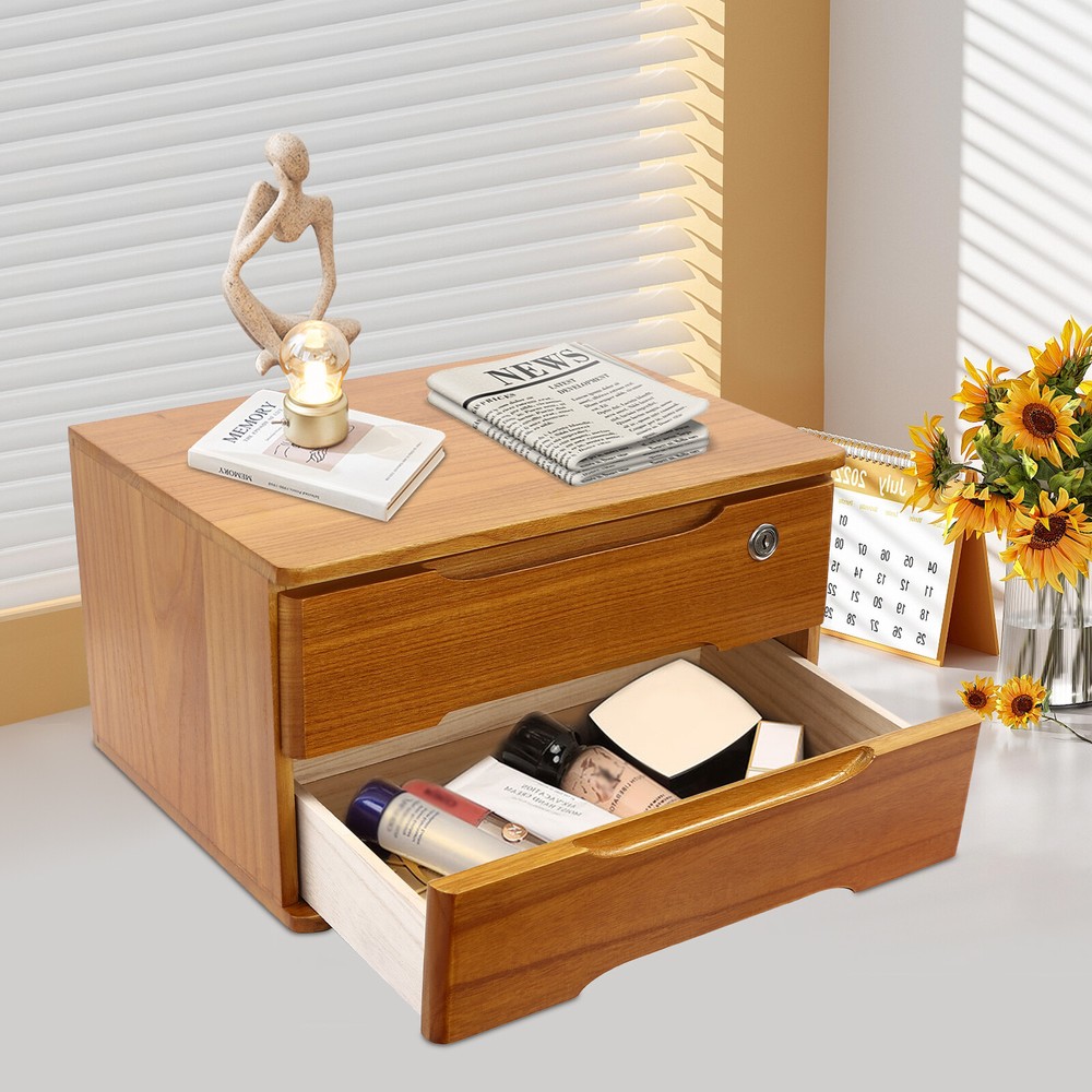 2-Tier Lockable Wooden Desktop Storage Cabinet with Drawers