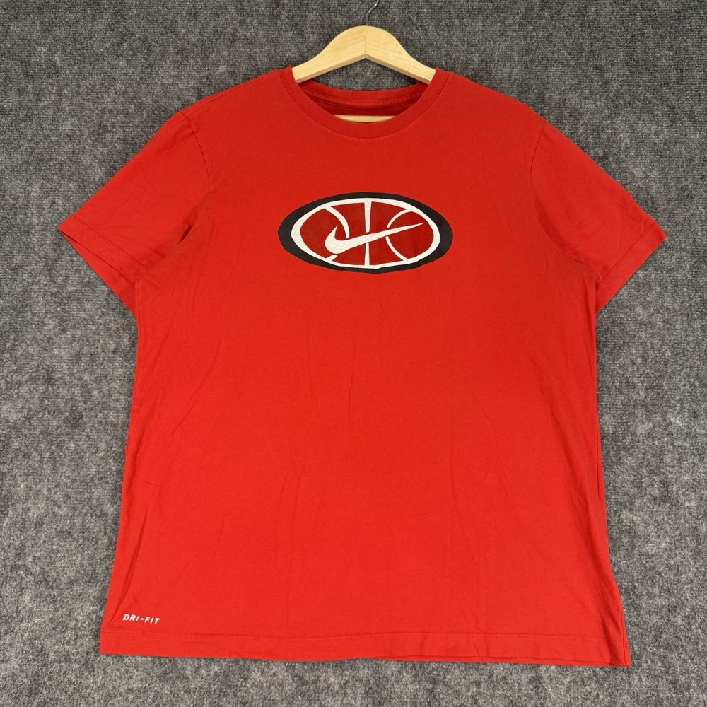 Nike T-Shirt Mens L Red Dri-Fit Basketball Logo Athletic Graphic Tee