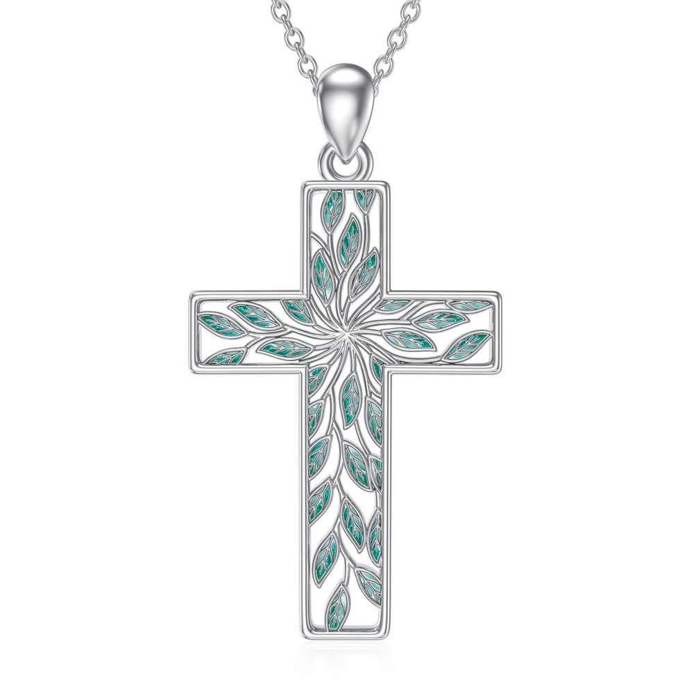 Tree of Life Cross Necklace S925 Sterling Silver Religious Cross Necklace Pen...