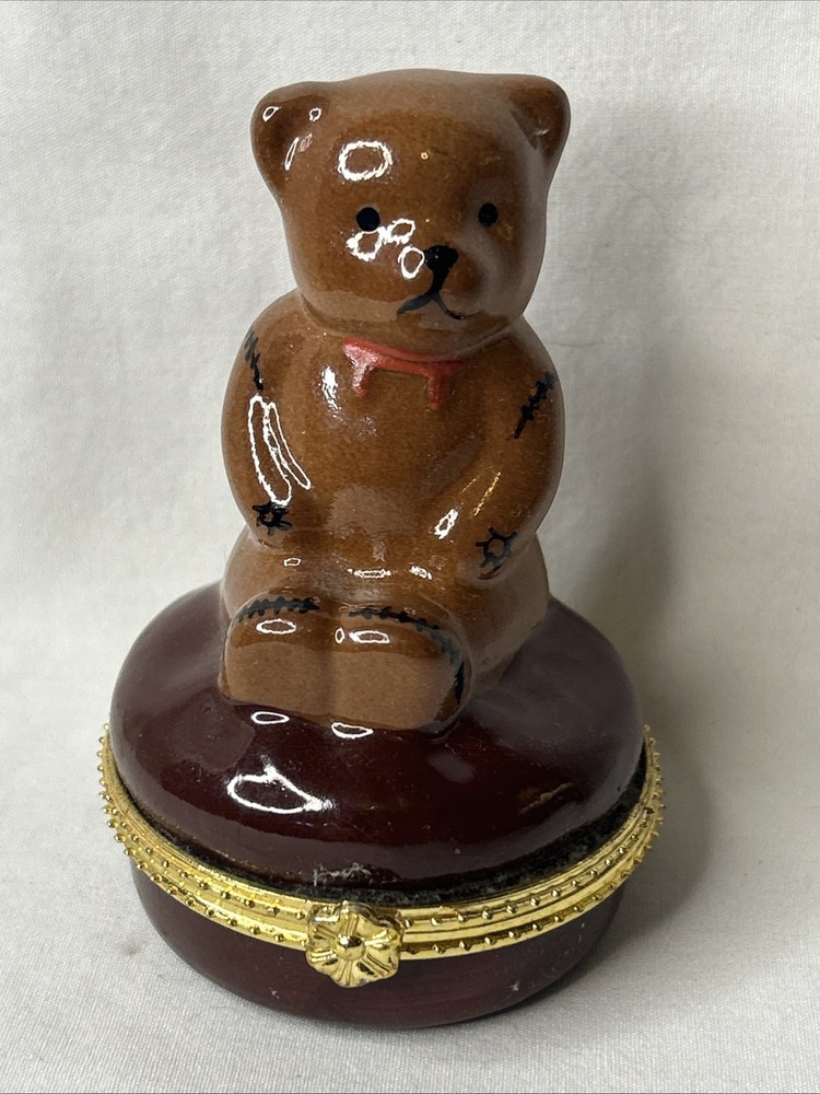Vintage Silvestri Brown Teddy Bear Hinged Trinket Box Ring Holder Keepsake