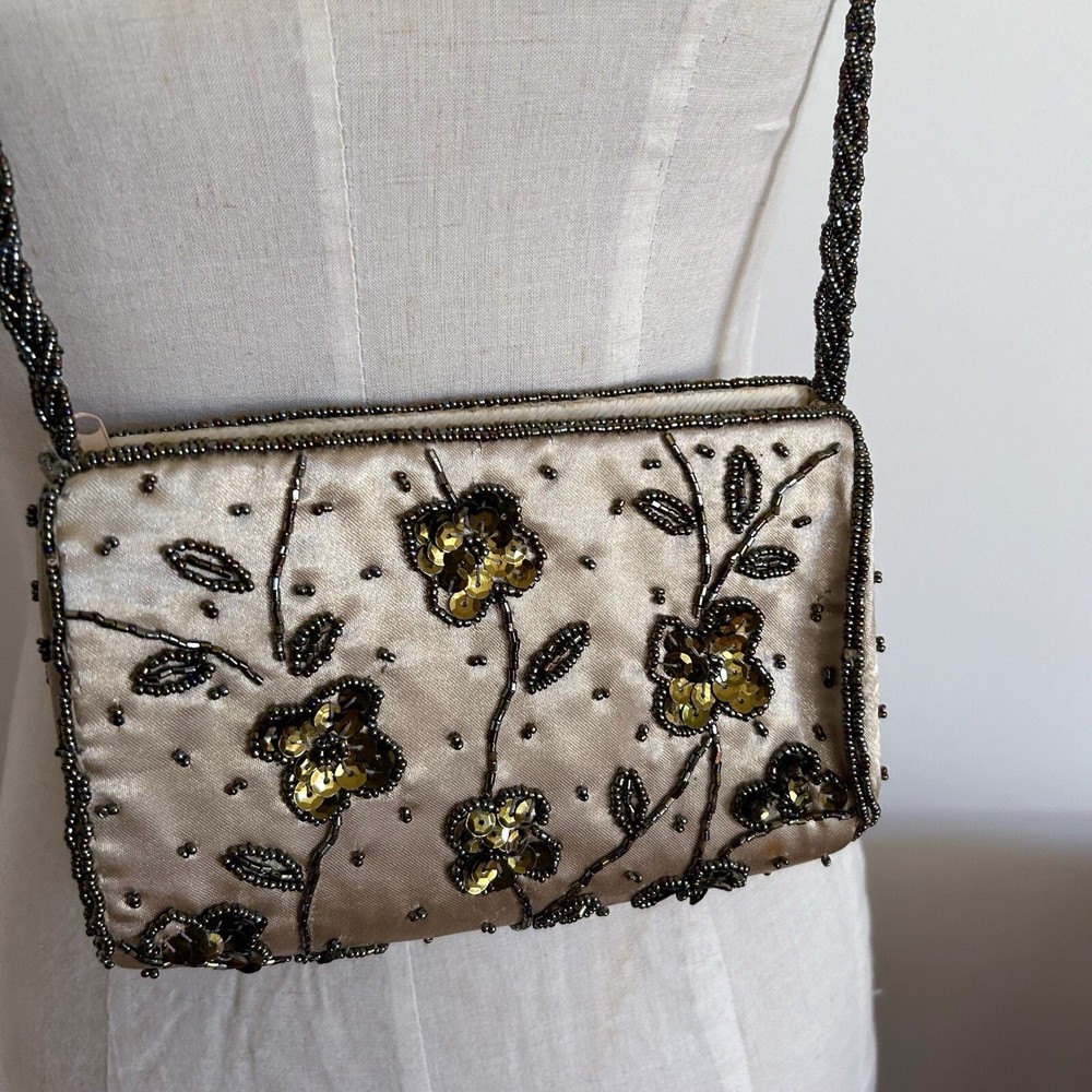 Vintage Gold Satin Beaded Bag Cross Body Evening Bag 90s y2k Embellished