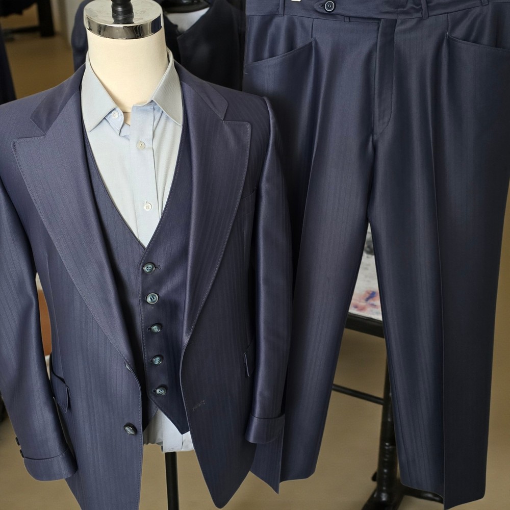 Vintage 1960s Bespoke 3 Piece Suit 42r 37x28 Sharkskin Poly Wide Lapel Flare Leg