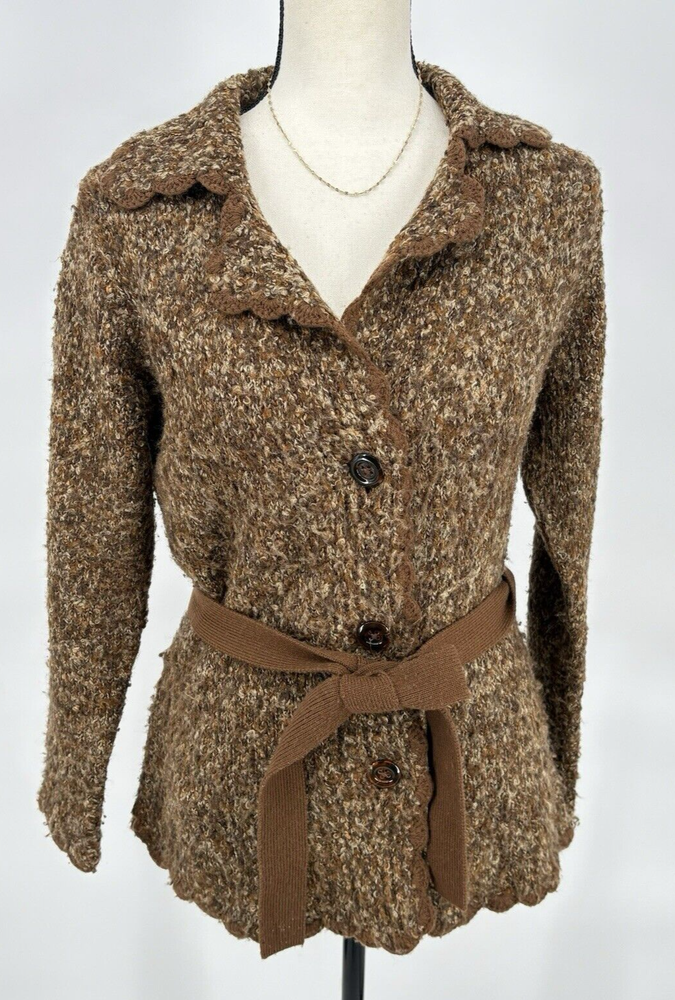 Women's Medium Tweed Jacket Sweater with V-Neck and Button Front Long Sleeves