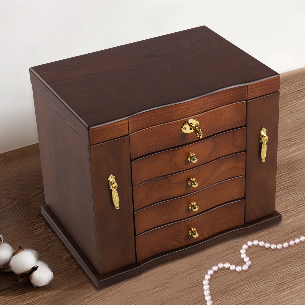 Wooden 5-Layer Large 4 Drawers Jewelry Box For Wowen with Mirror Organizer Box