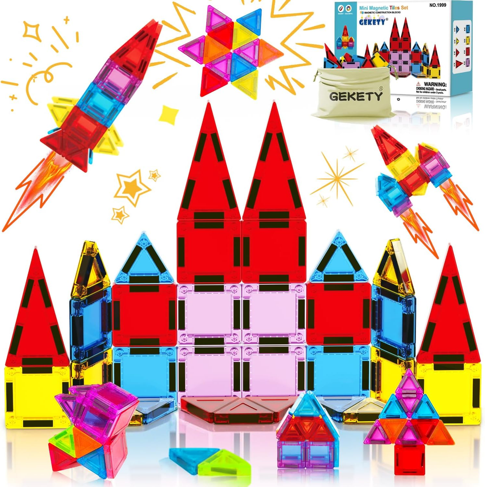 Mini Magnetic Tiles for Kids, Magnetic Building Set, Construction STEM Travel To
