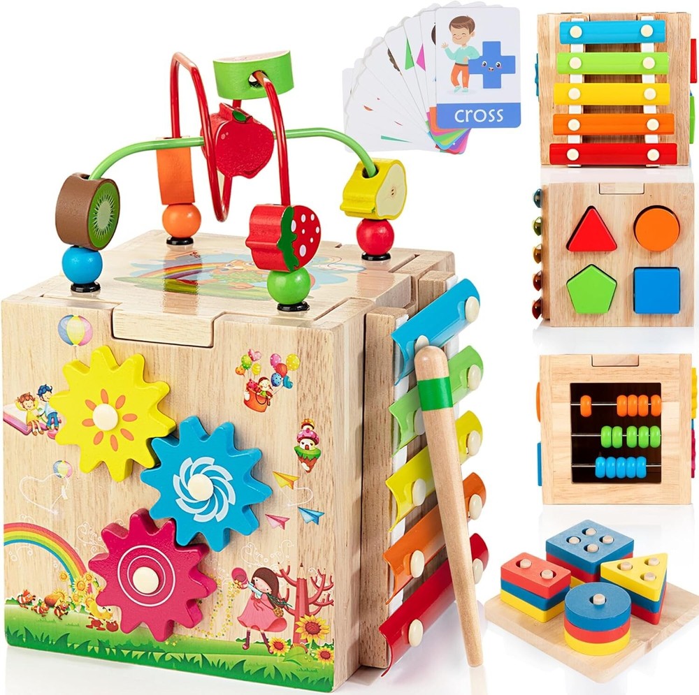 Bravmate 8-in-1 Wooden Activity Cube Montessori Toy for Toddlers 1 Year and Up