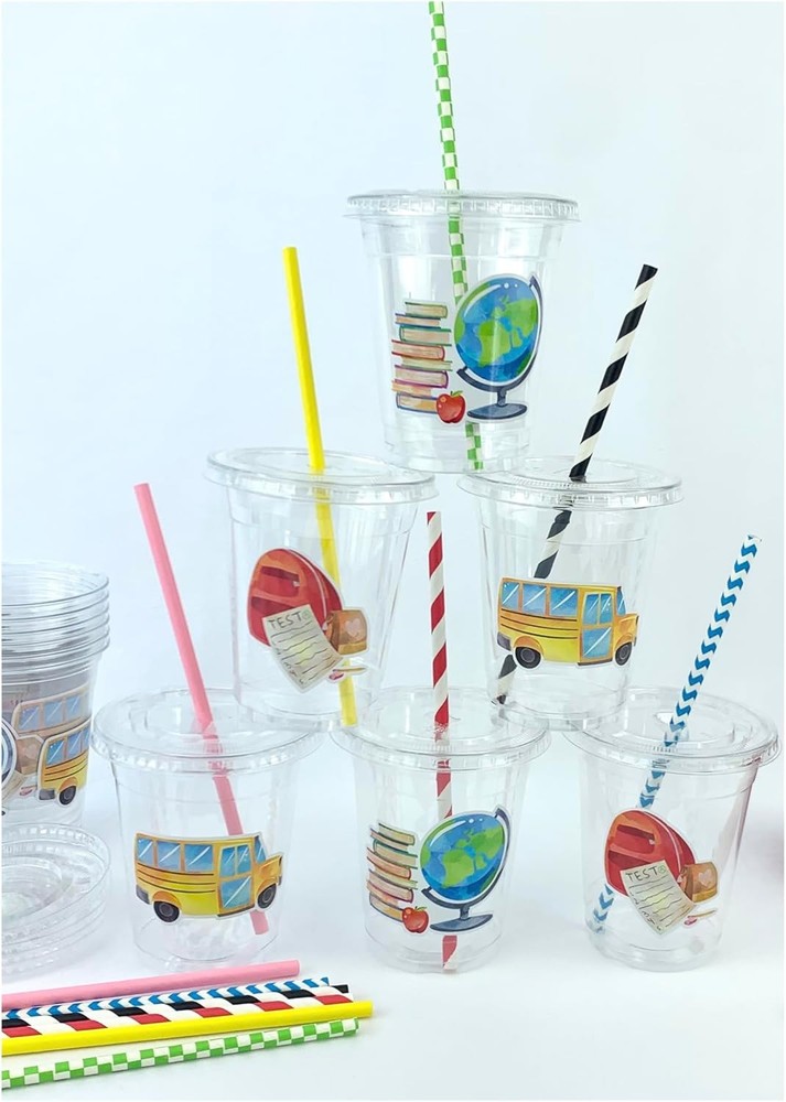 Back To School Party Cups, Plastic Cups with Paper Straws and Plastic Lids, 12 C-image
