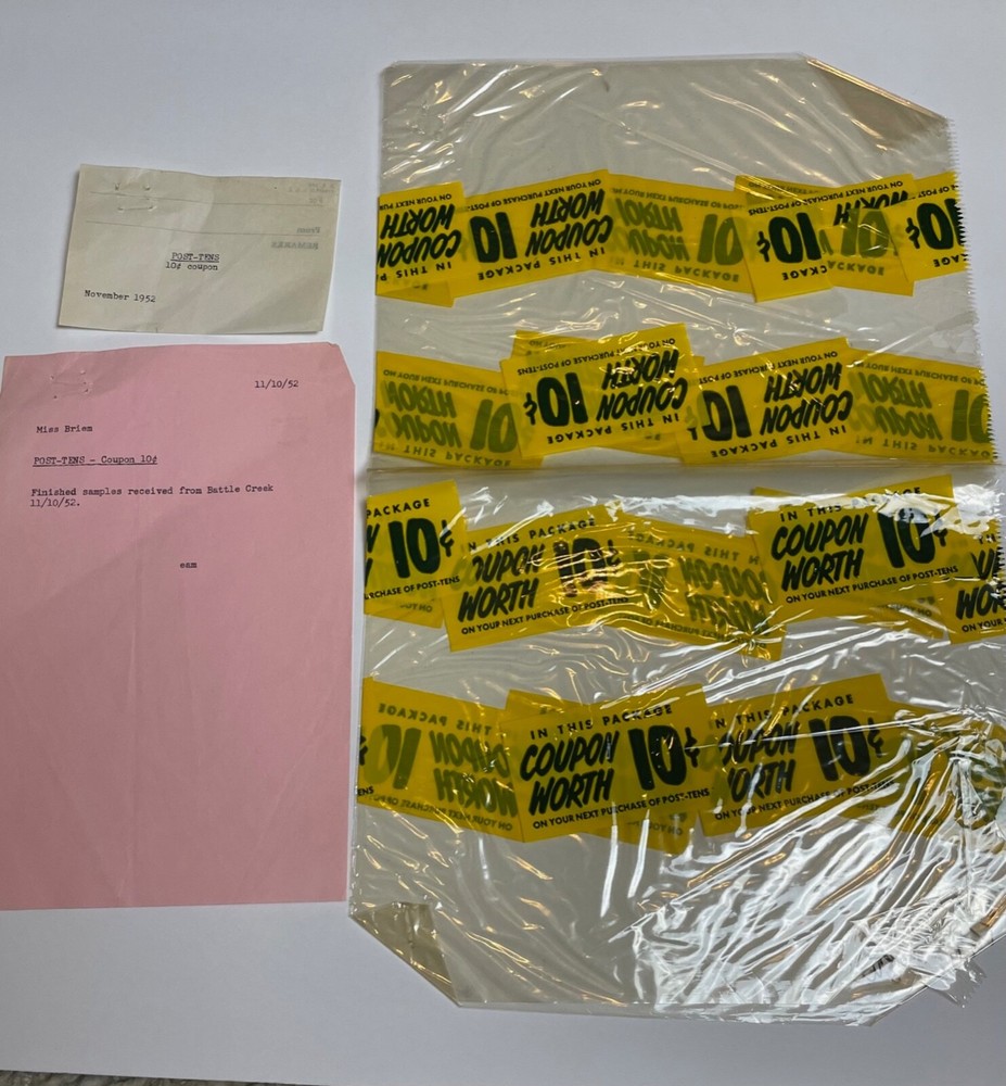 1950s Post Cereal Box 10c Coupon Clear plastic overwrap printers proof-image