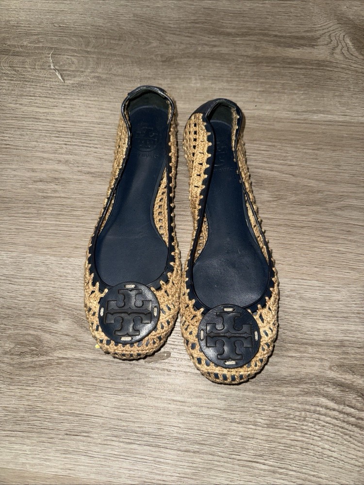 Tory Burch Woven Women’s Ballet Flats Navy Blue Leather Coin Logo Size 7.5