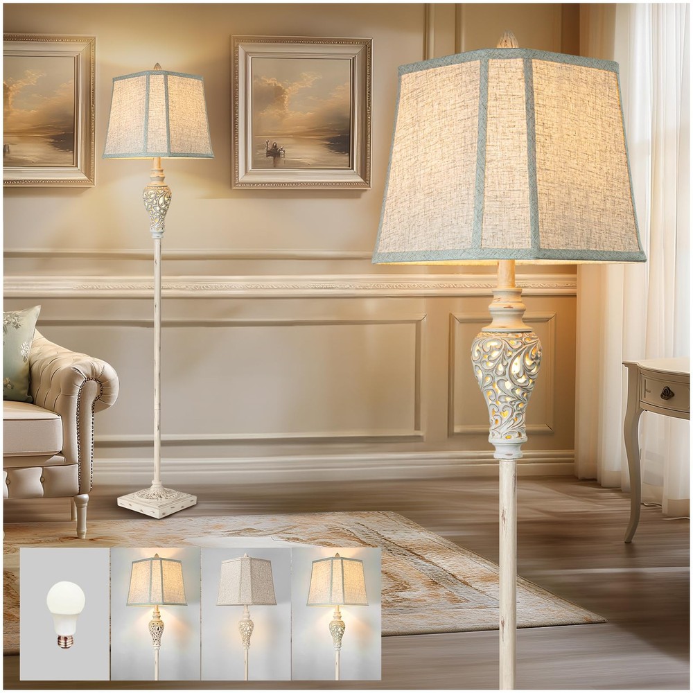 Rustic 65-Inch Tall Floor Lamp with Nightlight and Linen Shade