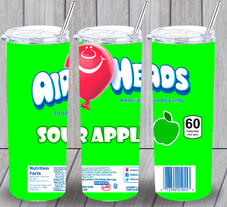 Air Heads Sour Apple Candy Multicolor 20oz Insulated Tumbler Lid Straw New