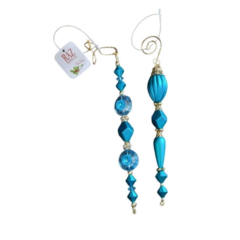 Vintage Blue Gold Beaded Christmas Ornaments Set by Raz Imports Elegant Decor