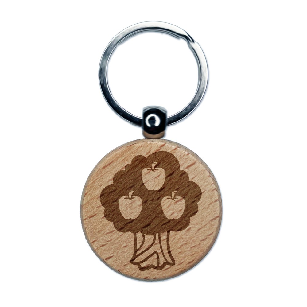Autumn Apple Tree Engraved Wooden Round Keychain Charm  