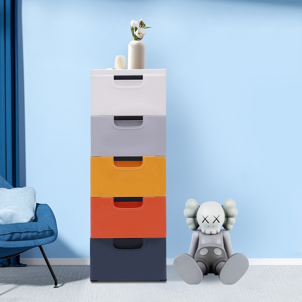 4 Wheel 5 Drawers Dresser Morandi Plastic Clothes Storage Cabinet Stackable5Tier