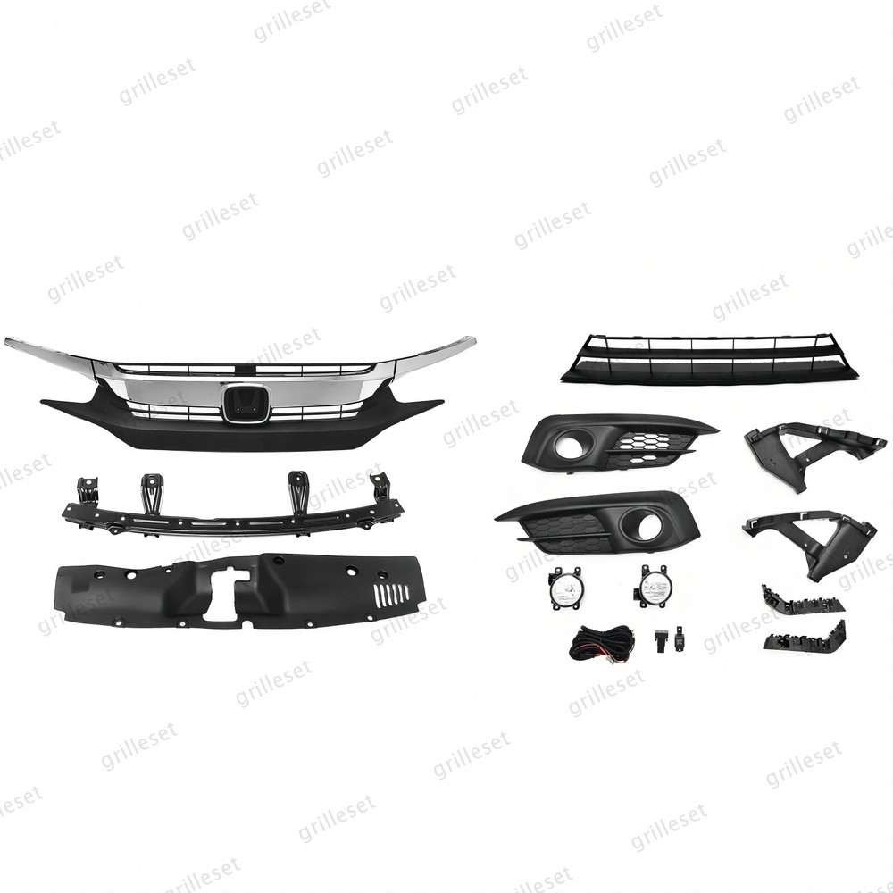 For Civic 2016-2018 Grilles, Fog Light Set, Radiator Cover & Bumper Brackets