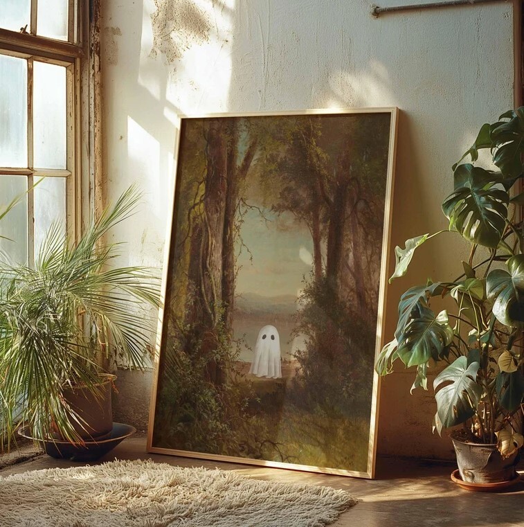 Spooky Forest Ghost Art Print | Vintage Halloween Wall Decor