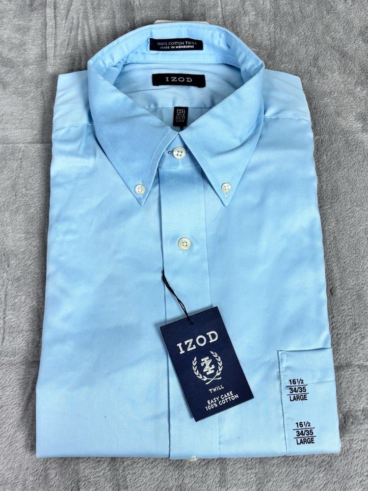 IZOD Mens Dress Shirt 16.5 34 35 Large Blue Cotton Twill Button Down NWT