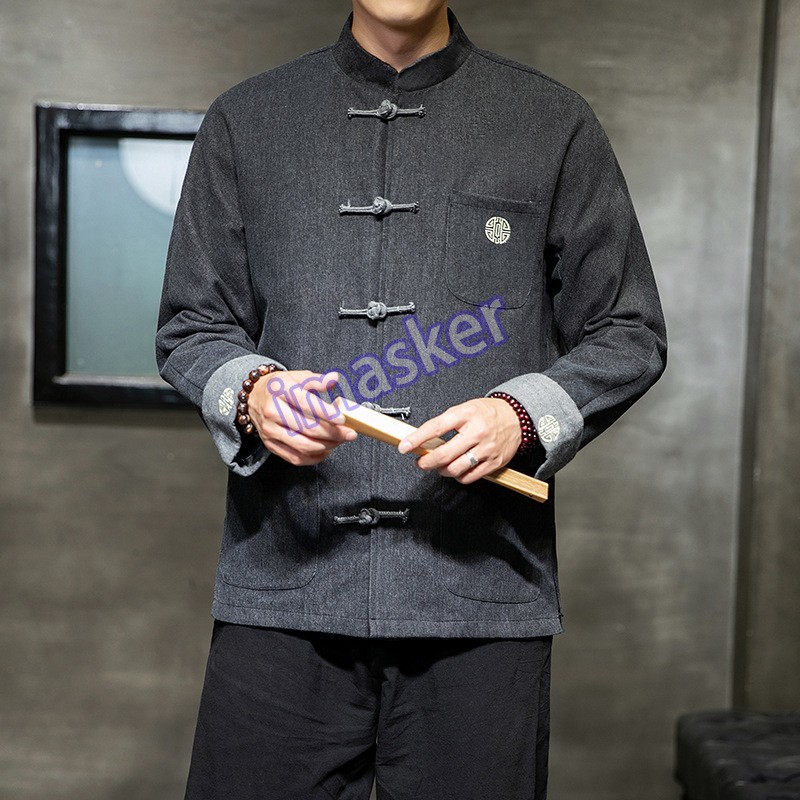 Retro Mens Chinese Style Jacket Button Stand Collar Casual Cotton Linen Coat